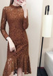Caramel Colour Floral Lace Cut Out Band Collar Fashion Midi Dress