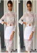White Floral Lace Cut Out Two Piece Band Collar Party Midi Dress