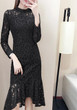 Black Floral Lace Cut Out Band Collar Fashion Midi Dress