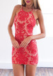 Casual Red Floral Lace Cut Out Condole Belt Sleeveless Mini Dress