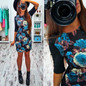 Casual Blue Floral Round Neck Elbow Sleeve Mini Dress