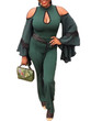 New Green Cut Out Belt Bell Sleeve Bodycon Wide Leg Palazzo Party Long Jumpsuit