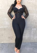Black Grenadine Zipper Lace-up Clubwear Deep V-neck Bodycon Party Long Jumpsuit