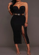 Black Plain Bandeau Hollow-out Boat Neck Off Shoulder Bodycon Pencil Maxi Dress