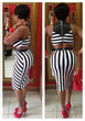 Black-White Striped Cut Out Bodycon Clubwear Band Collar Party Midi Dress