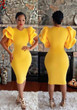 Yellow Zipper Ruffle Short Sleeve Bodycon Clubwear Elegant Midi Dress