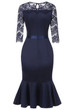 Navy Blue Lace Pleated Cut Out Bodycon 3/4 Sleeve Elegant Party Midi Dress