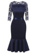 Navy Blue Lace Pleated Cut Out Bodycon 3/4 Sleeve Elegant Party Midi Dress