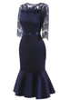 Navy Blue Lace Pleated Cut Out Bodycon 3/4 Sleeve Elegant Party Midi Dress
