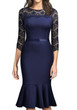 Navy Blue Lace Pleated Cut Out Bodycon 3/4 Sleeve Elegant Party Midi Dress
