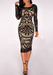 Black Lace Backless Bodycon Round Neck Elegant Party Midi Dress