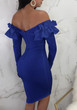 Blue Ruffle Zipper Off Shoulder Backless Bodycon Elegant Party Midi Dress