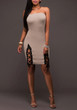 Nude Patchwork Bandeau Hollow-out Lace-up Boat Neck Off-Shoulder Homecoming Bodycon Mini Dress