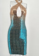 Blue Zipper Sequin Backless Bodycon Halter Neck Party Mini Dress