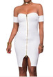 Casual White Zipper Bandeau Slit Off Shoulder Backless Bodycon Club Mini Dress
