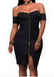 Casual Black Zipper Bandeau Slit Off Shoulder Backless Bodycon Club Mini Dress