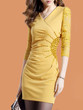 Casual V-Neck Rhinestone Ruched Hollow Out Plain Bodycon Dress