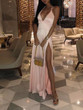 New Pink Side Slit Halter Neck Backless Deep V-neck Party Maxi Dress