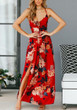 Red Backless Cross Back Draped Side Slit Spaghetti Strap Lace-up Bohemian Maxi Dress