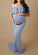 Blue Ruffle Draped Off-shoulder Boat Neck Elegant Maternity Maxi Dress