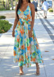 Multicolor Flowers Print Draped Side Slit Spaghetti Strap Bohemian Maxi Dress