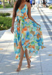 Multicolor Flowers Print Draped Side Slit Spaghetti Strap Bohemian Maxi Dress