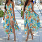 Multicolor Flowers Print Draped Side Slit Spaghetti Strap Bohemian Maxi Dress