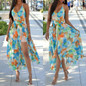 Multicolor Flowers Print Draped Side Slit Spaghetti Strap Bohemian Maxi Dress