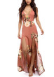 Pink Flowers Print Double Slit Backless Bohemian Thigh High Side Slit Maxi Dress