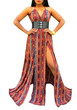 Red Geometric Print Cross Back Spaghetti Strap Double Slit Bohemian Maxi Dress