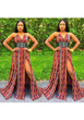 Red Geometric Print Cross Back Spaghetti Strap Double Slit Bohemian Maxi Dress
