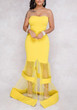 Yellow Patchwork Grenadine Draped Slit Off Shoulder Backless Elegant Banquet Party Maxi Dress