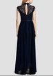 Navy Blue Patchwork Lace Zipper Draped Elegant Cocktail Party Chiffon Maxi Dress