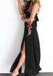 Black Flowers Embroidery Spaghetti Straps Tie Back Two Piece Slit Maxi Dress