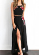 Black Flowers Embroidery Spaghetti Straps Tie Back Two Piece Slit Maxi Dress