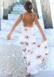 White Flowers Print Deep V-neck Backless Spaghetti Strap Bohemian Beach Maxi Dress