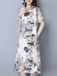 Casual V-Neck Decorative Button Abstract Print Cotton/Linen Maxi Dress
