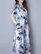 Casual V-Neck Decorative Button Abstract Print Cotton/Linen Maxi Dress