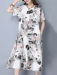 Casual V-Neck Decorative Button Abstract Print Cotton/Linen Maxi Dress