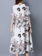 Casual V-Neck Decorative Button Abstract Print Cotton/Linen Maxi Dress