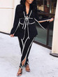 New Black-White Striped Pockets Sashes Turndown Collar Flare Sleeve Office Worker Long Jumpsuit