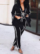 New Black-White Striped Pockets Sashes Turndown Collar Flare Sleeve Office Worker Long Jumpsuit
