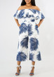 White Leaves Print Ruffle Off Shoulder Backless One Piece Wide Leg Long Jumpsuit