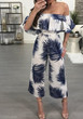 White Leaves Print Ruffle Off Shoulder Backless One Piece Wide Leg Long Jumpsuit