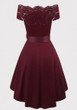 Burgundy Patchwork Lace Sashes Bow Pleated Off Shoulder Tutu Elegant Party Midi Dress