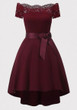 Burgundy Patchwork Lace Sashes Bow Pleated Off Shoulder Tutu Elegant Party Midi Dress