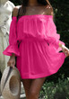 Casual Rose Carmine Pleated Ruffle Off Shoulder Flare Sleeve Mini Dress