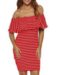Casual Off Shoulder Flounce Striped Bodycon Dress