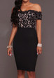 Black Patchwork Hollow-out Lace Boat Neck Short Sleeve Midi Dress