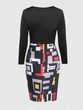 Casual Color Block Geometric Round Neck Plus Size Bodycon Dress